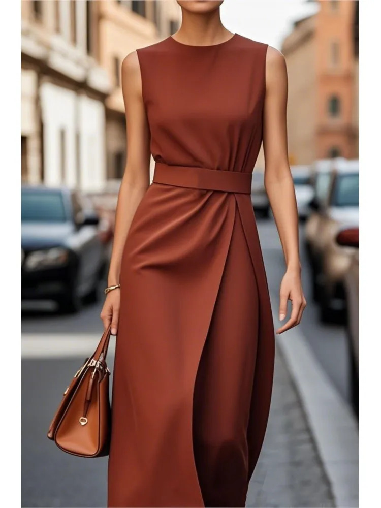 Fashion Casual Long Dress Female Sleeveless Oneck Solid Color Waistclosing Women Dresses Elegant Office Ladies Summer 250611
