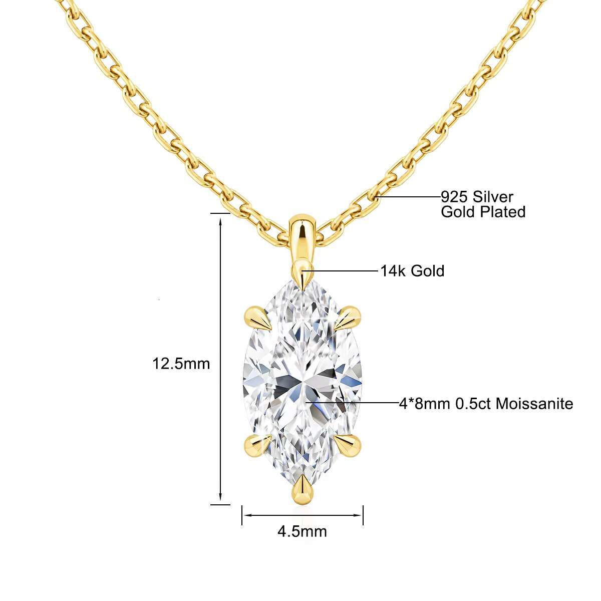 Quality Jewelry Supplier Custom Wholesale Woman 6 Claws 0.5ct 1ct 2ct Marquise Cut Moissanite Pendant Real 585 14K Gold Jewelry