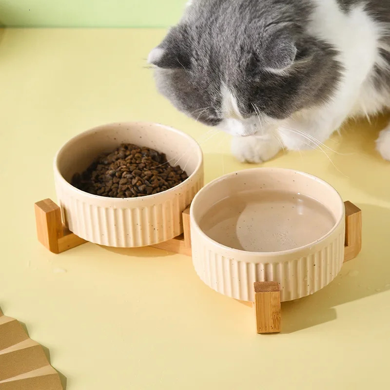 850ML Cat Double Ceramic Bowls Pet Food Water Feeding Supplies Small Medium Dogs Drink Eat Feeder with Wooden Stand 250612