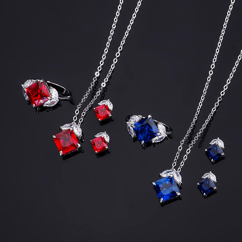 S925 Silver Simple Design Faux Ruby and Sapphire Square Ring and Earrings Set, Perfect for Daily Wear, Main Stone 99, Side Stone 66, Elegant Fashion W