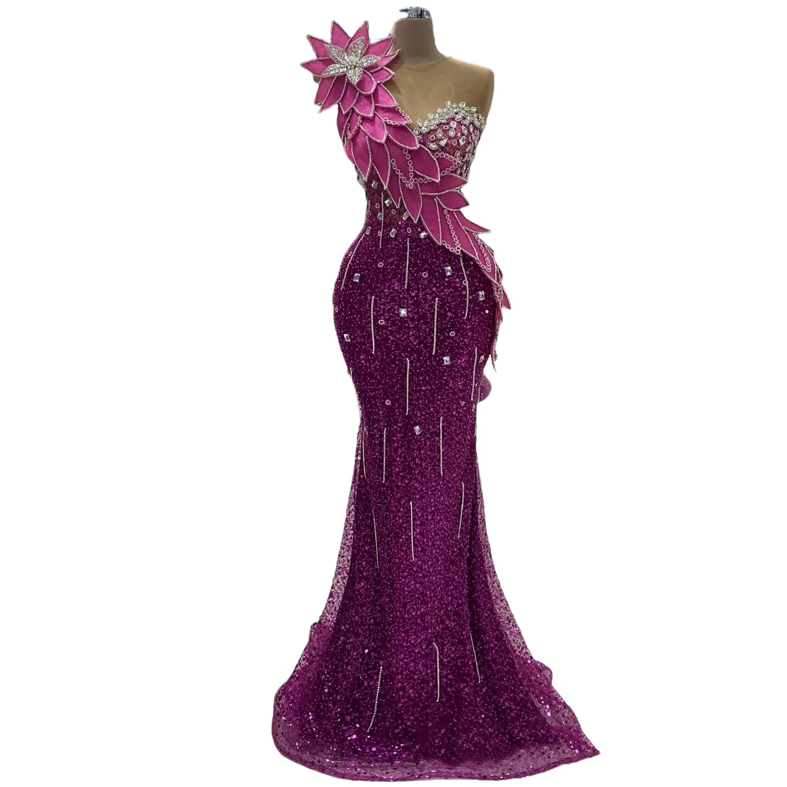 Purple Mermaid Prom Dresses 2025 Florals Crystals Sequined Sheer Neck Evening Formal Party Second Birthday Engagement Gowns Plus Size Dress For Specia