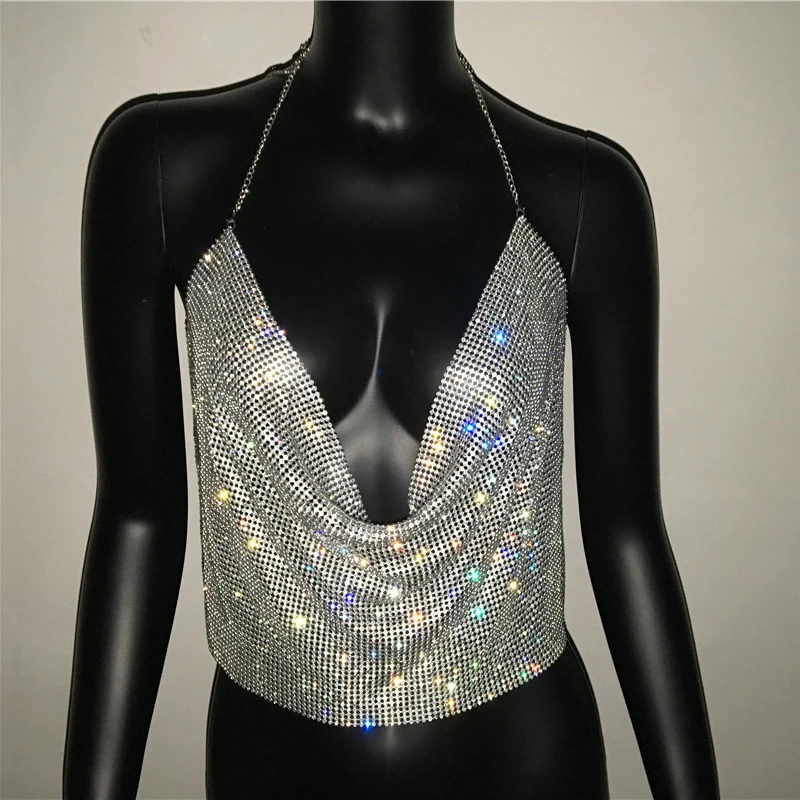 Festival Brilliant Rhinestone Backless Party Crop Top Women Summer Glitter Evening V Neck Diamonds Metal Tank Tops 250611