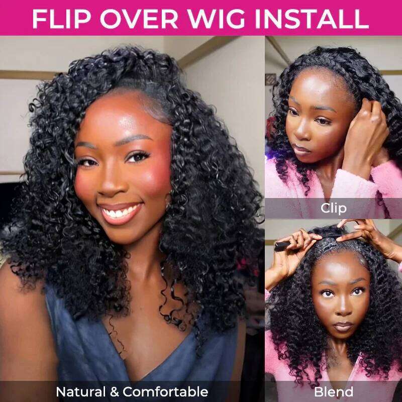 300% Glueless Wigs Human Hair Afro Kinky Curly Headband Upgrade 3 IN 1 Half Wig With Drawstring Seamless Clip Ins Flip Over