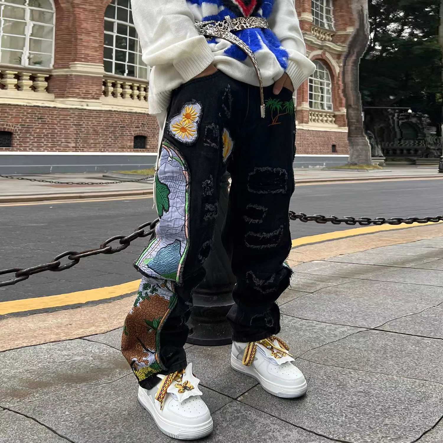Harajuku Embroidered Patches Straight Denim Pants for Male Hip Hop Washed Jeans Y2k Black Blue Patchwork Ripped Jeans Baggy Men W250612