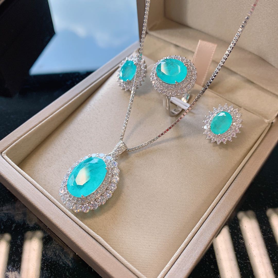 S925 Silver Classic Faux Paraiba Stone Ring Earrings Pendant Three-Piece Set, Wedding Jewelry Set, Stylish High-Quality Faux Gemstone Accessories