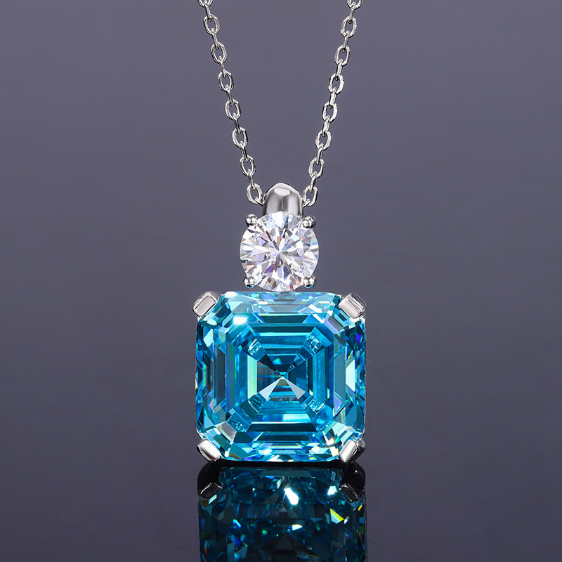 S925 Silver Ascher-Cut Sea Blue Topaz Pendant Necklace & Ring Set with High-Carbon Diamond Accents, Princess Cut, Elegant Jewelry for Women
