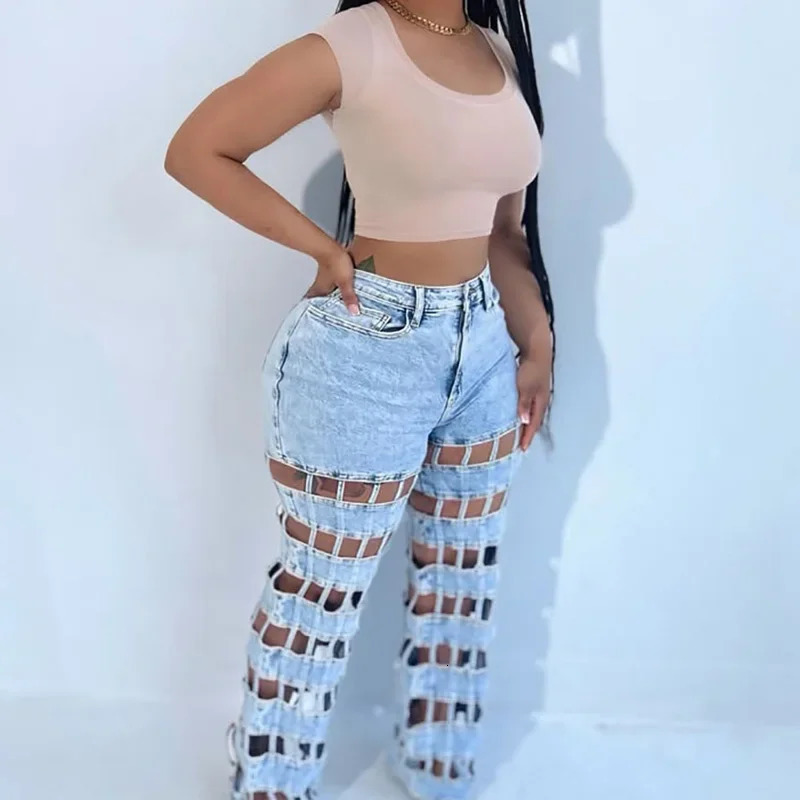 Sexy Cut Out Straight Leg Jeans Womens Club Party Streetwear Fashion Highwaisted Ladies Denim Trousers 250611
