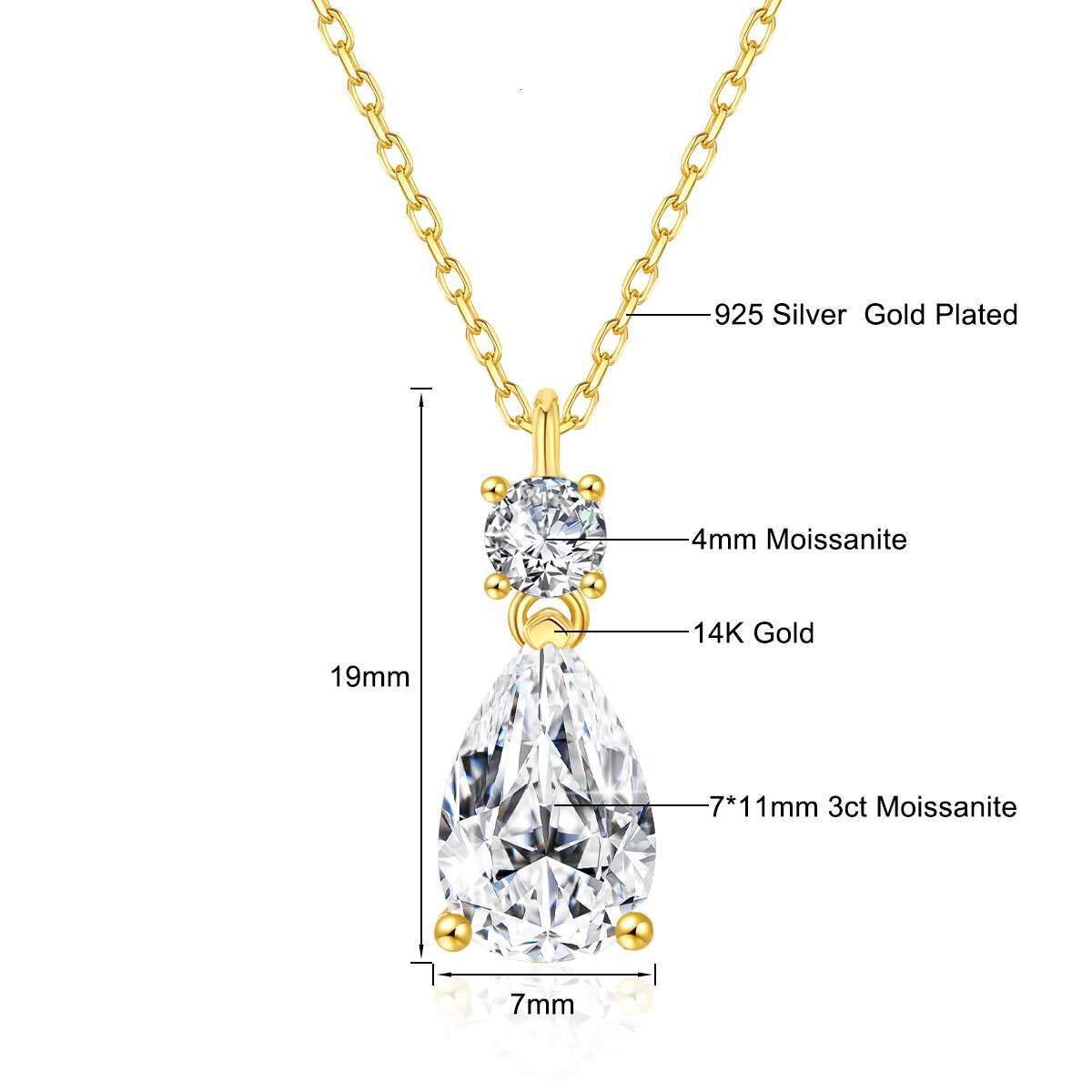 Luxury Jewelry Gold Woman Engagement New Year Gift 3ct Pear Cut Moissanite Pendant Hollow 14K Real Gold Necklace
