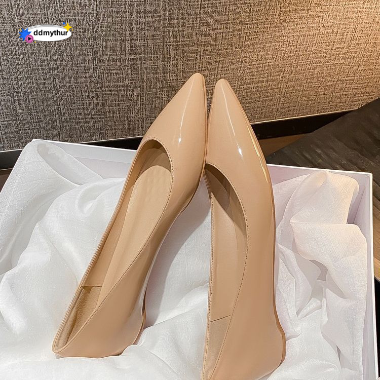 2025 Summer New French Style Pointed Toe Shallow Mouth Single Flat Elegant Versatile Small Leather Women Nude Color Boat Shoes ddmythur