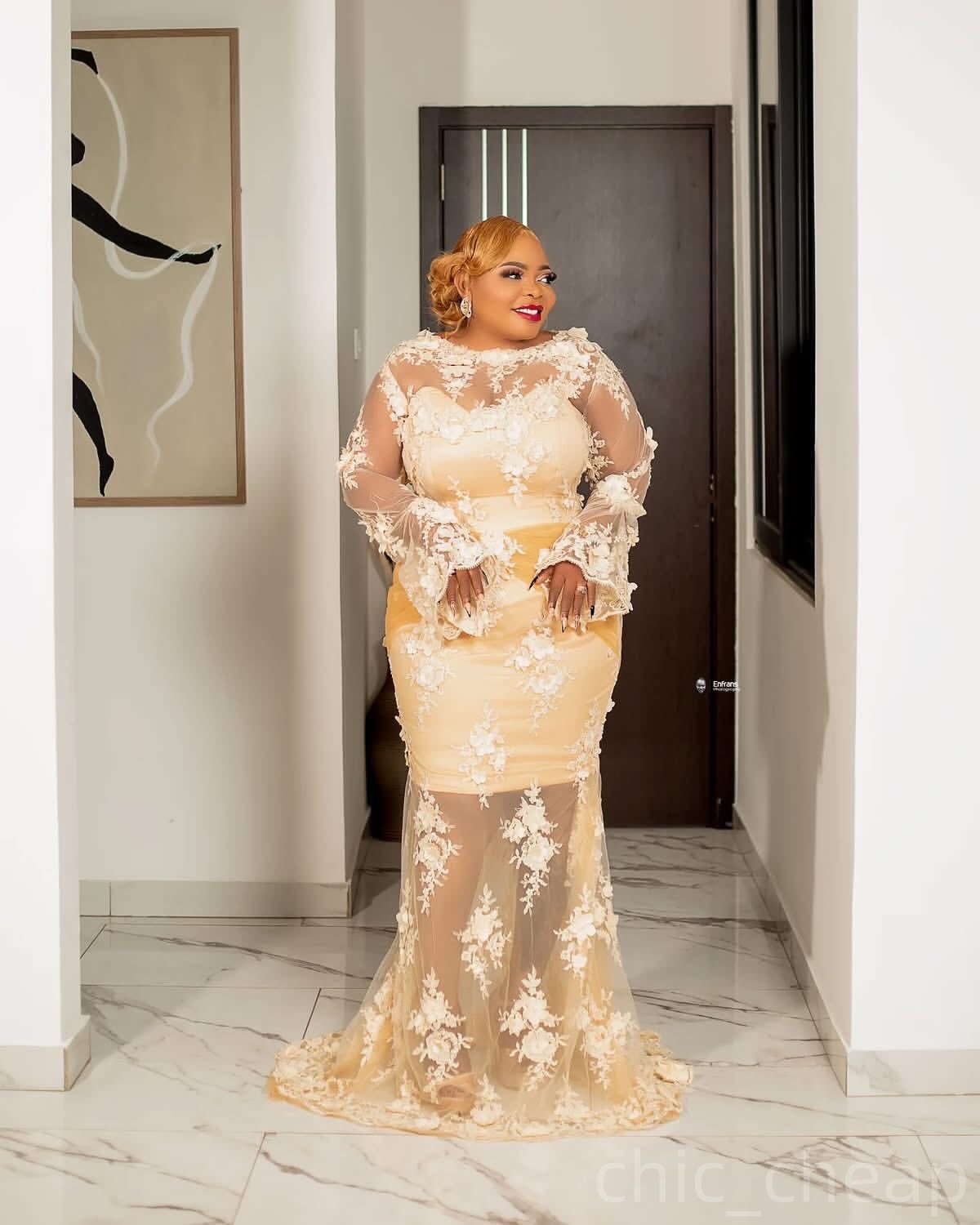 Champagne Mermaid Prom Dresses 2025 3D Floral Lace Full Sleeves Vintage Evening Formal Party Second Birthday Engagement Gowns Plus Size Dress For Spec