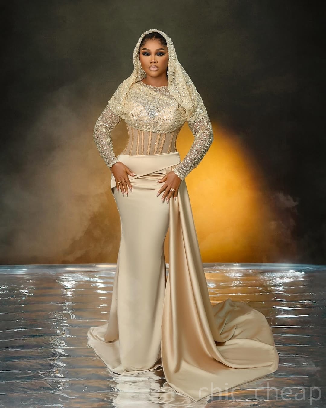 Mermaid Champagne Prom Dresses 2025 Sequined Satin Full Sleeves Evening Formal Party Second Birthday Engagement Gowns Plus Size Dress For Special Occa