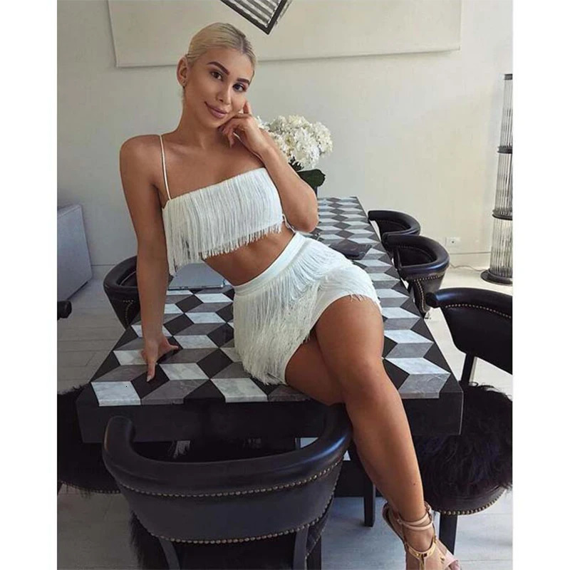 Backless Glitter Tassel Halter Belt Hip Skirt Set Party Costume Tassel Temptation Stage Performance Clubwear Midnight Sexy Suit 250606