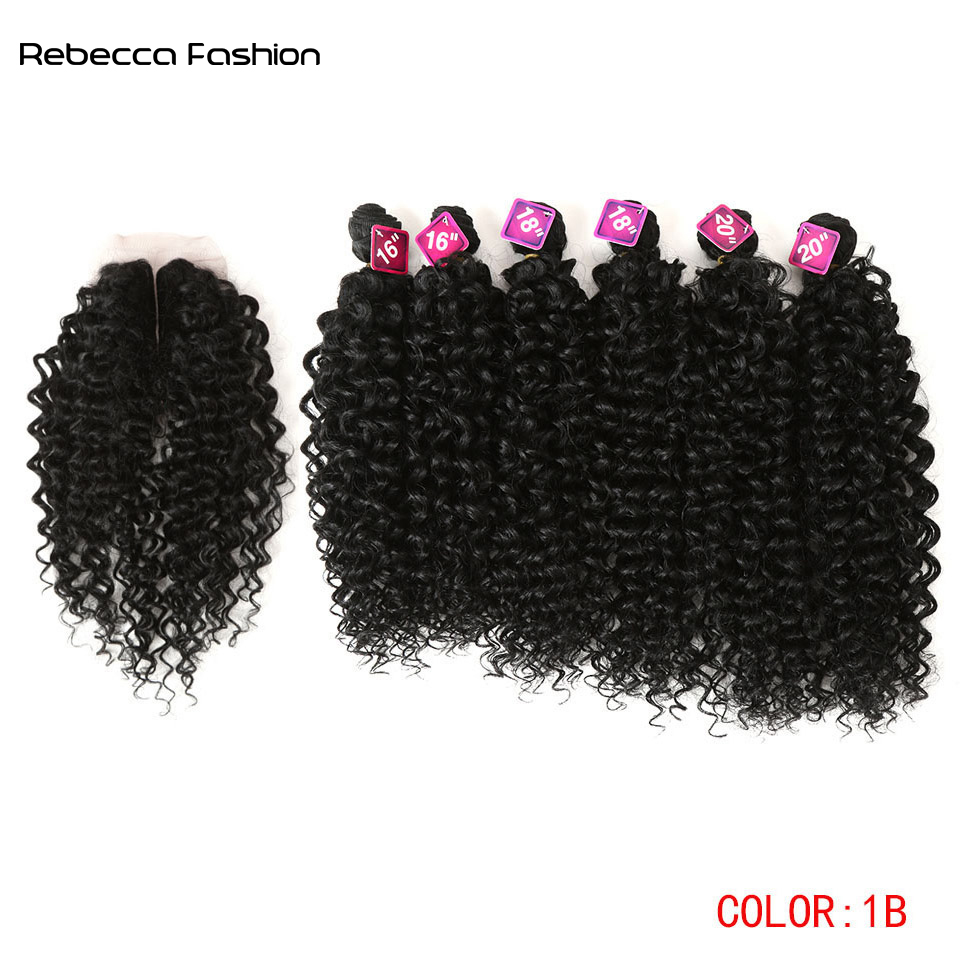 Rebecca Fashion Synthetic Afro Kinky Curly Weave Hair 16-20 inch 7Pieces/lot Bundles With Closure African lace For Women hair Extens
