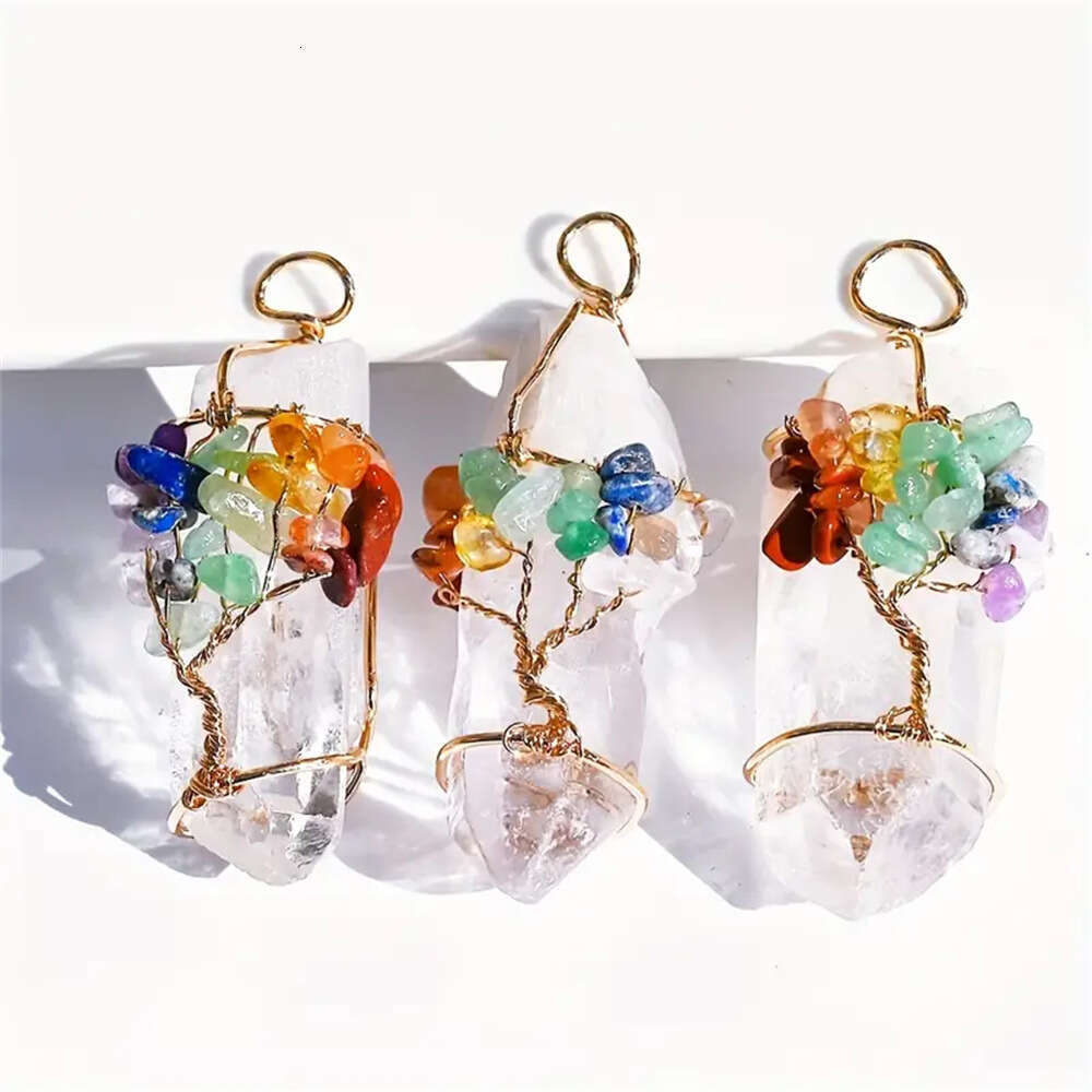 Natural Crystal Rainbow Tree of Life Column Pendant Irregular Hexagonal Point Wrapped Thread Necklace Hanging Ornament