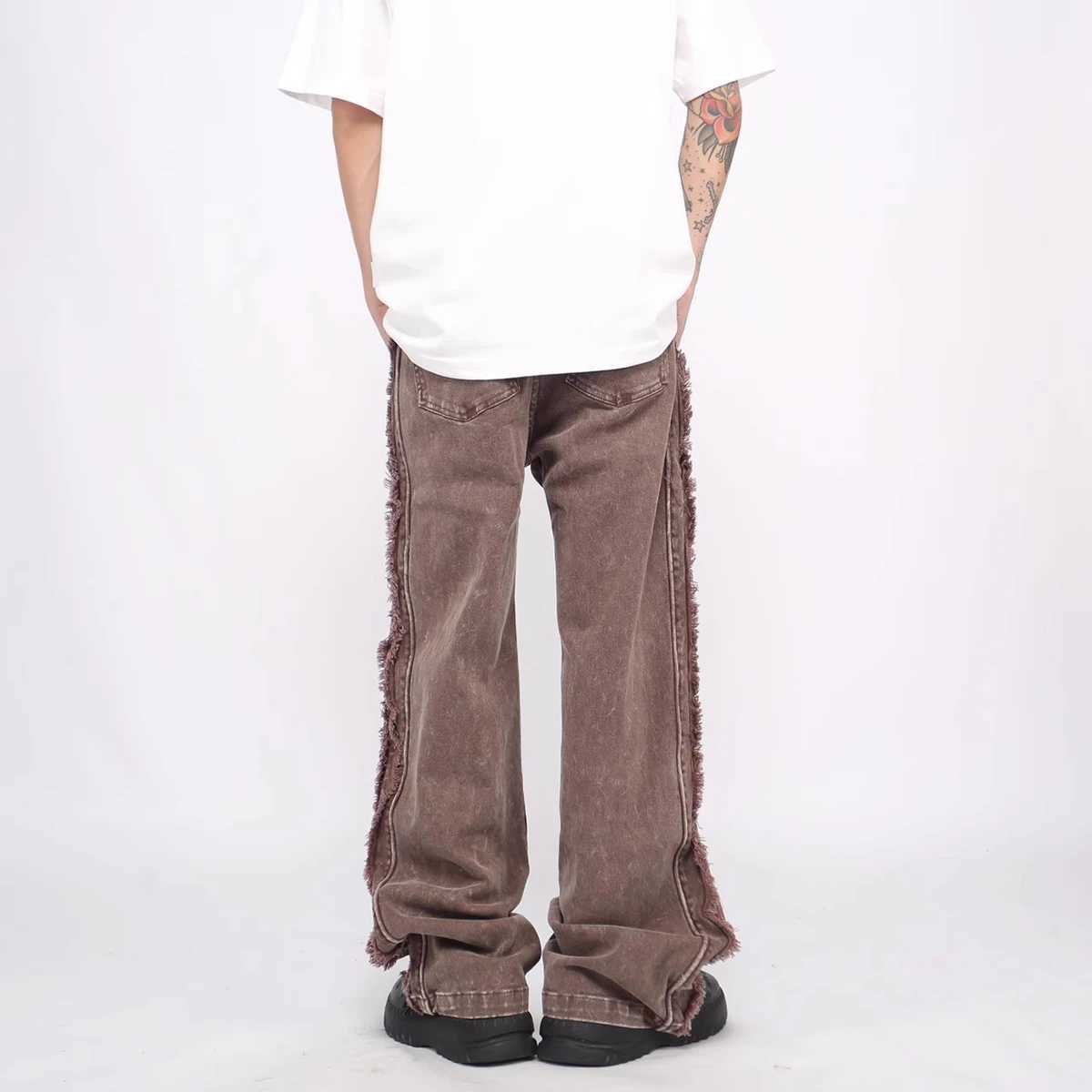 American Vintage Streetwear Raw Edges Vertical Striped Patchwork Jeans Y2k Mens Trendy Loose Couple Straight Leg Washed Jeans W250612