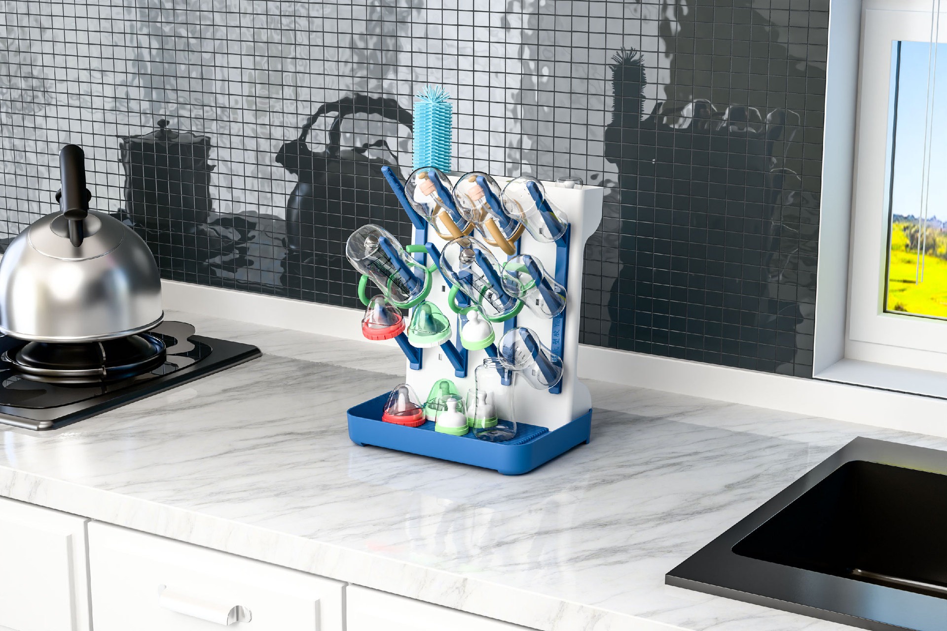 aby Bottle Drying Rack with 16 Hooks, Space Saving Kitchen Bottles Rack Dryer, Vertical Baby Bottle Holder Organizer for Countertop Storage Accessorie