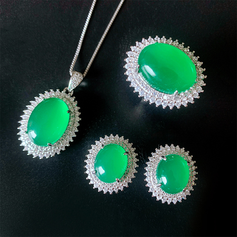 S925 Silver Jade Green Chalcedony Pendant Ring Earrings Set, Classic Design, Perfect for Weddings and Special Occasions, Elegant Fashionable Women