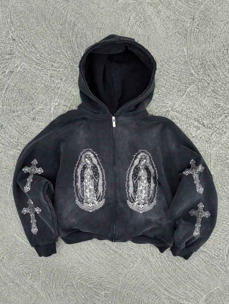 Y2K American hip-hop personality pattern print hoodie men clothing streetwear Harajuku jacket gothic casual Zip Up hoodies 250610
