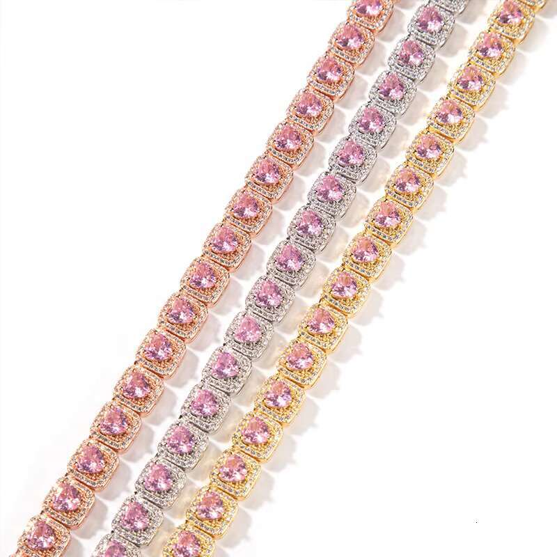 OACOCA Hip Hop Bling 9mm Square Tennis Chain Micro Paved Pink Heart Moissanite Diamond Men Women Jewelry Chunky Tennis Chain Necklace