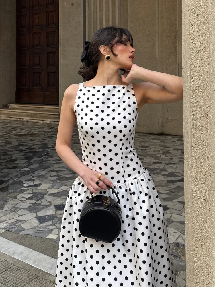 Elegant Women Polka Dot Maxi Dresses Chic Sleeveless Round Neck High Waist Slim Long Lady Party Street Dress 250611