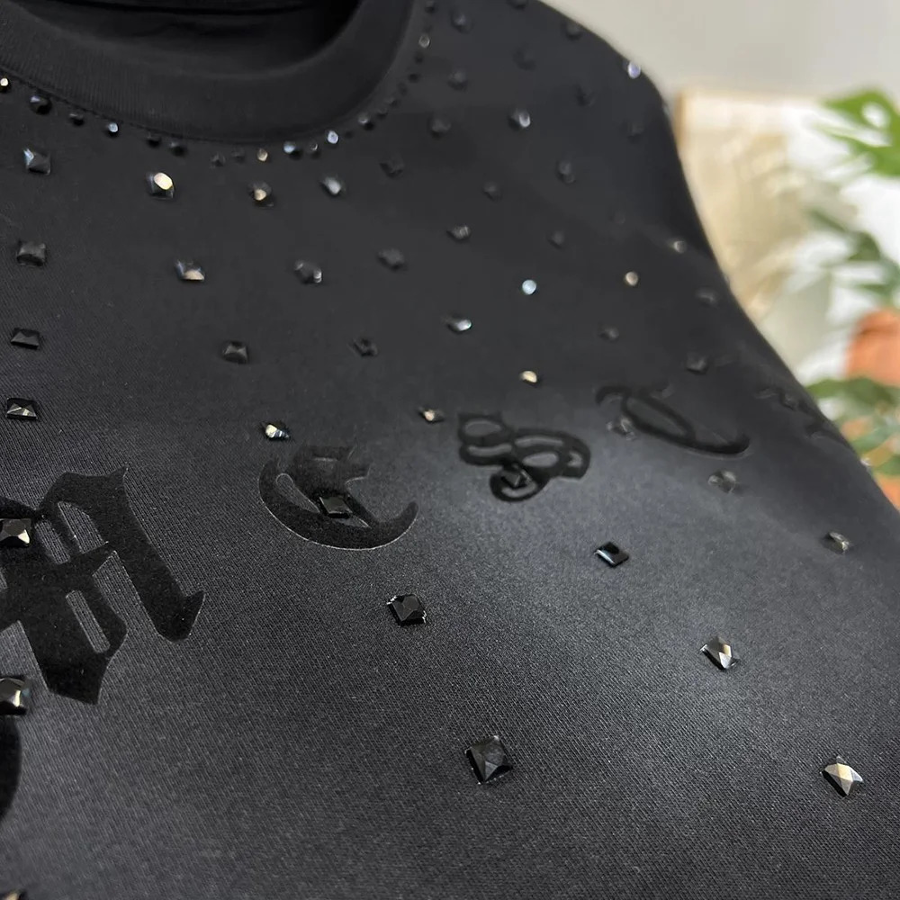 Mens T-Shirt Y2k Sanskrit Rhinestone Decoration T-Shirt Summer Streetwear Gothic Rock Shiny Fashion Short Sleeve Top Men 250611