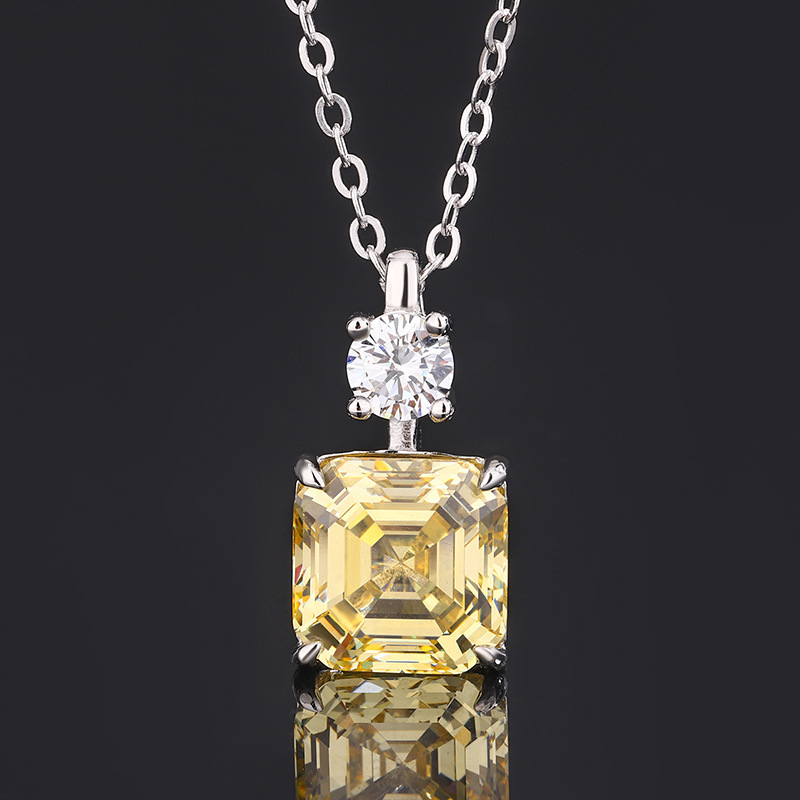 S925 Silver Ascher-Cut Blue & Yellow Gemstone Pendant Necklace & Earrings Set with High-Carbon Diamonds, Elegant Jewelry for Women