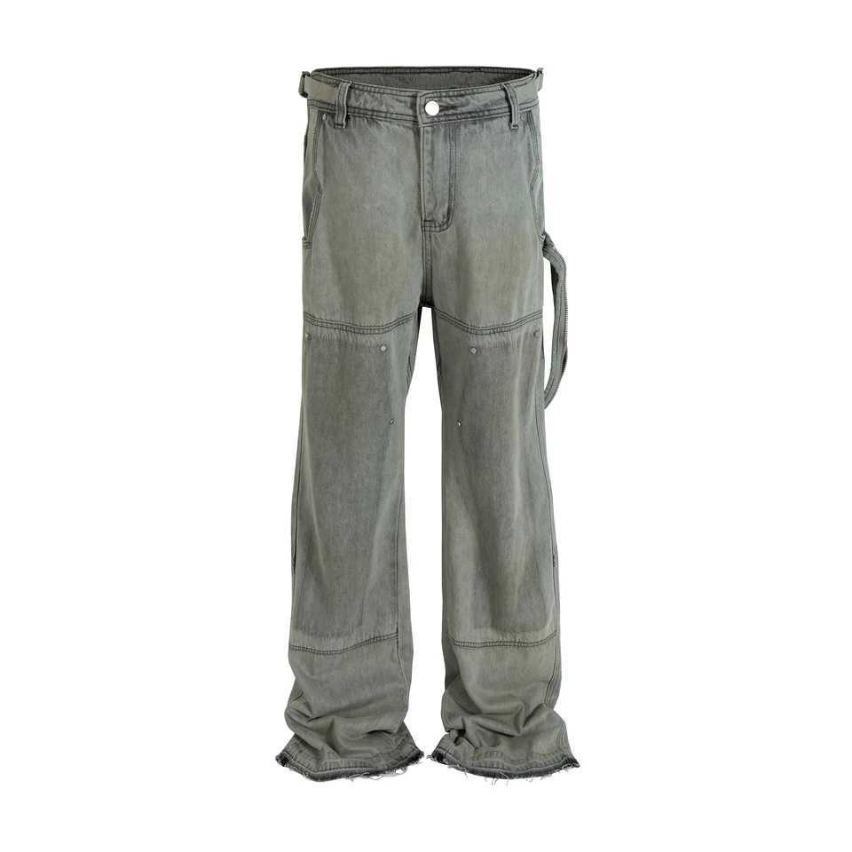 Viintage Splash Ink Distressed Flare Jeans Men Cargo Urban Streetwear Ribbon Washed Baggy Denim Jeans Logging Pants W250612