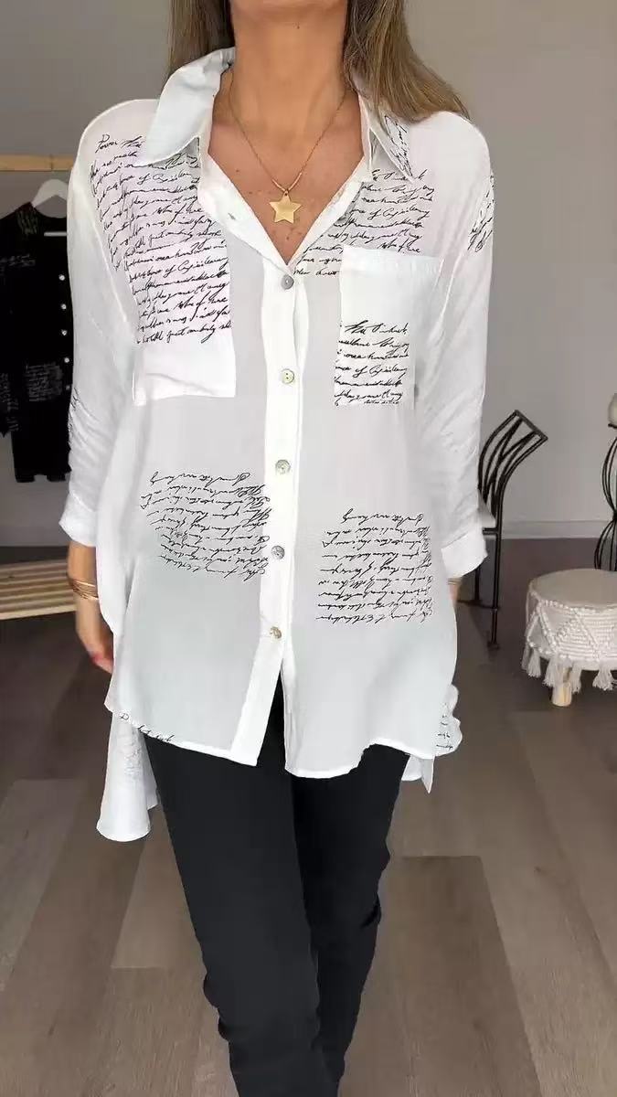 Newly Womens Button V Neck Letter Print Shirt Lace up Ladies Single Breasted Autumn Lantern Sleeve Loose Tops Blouse