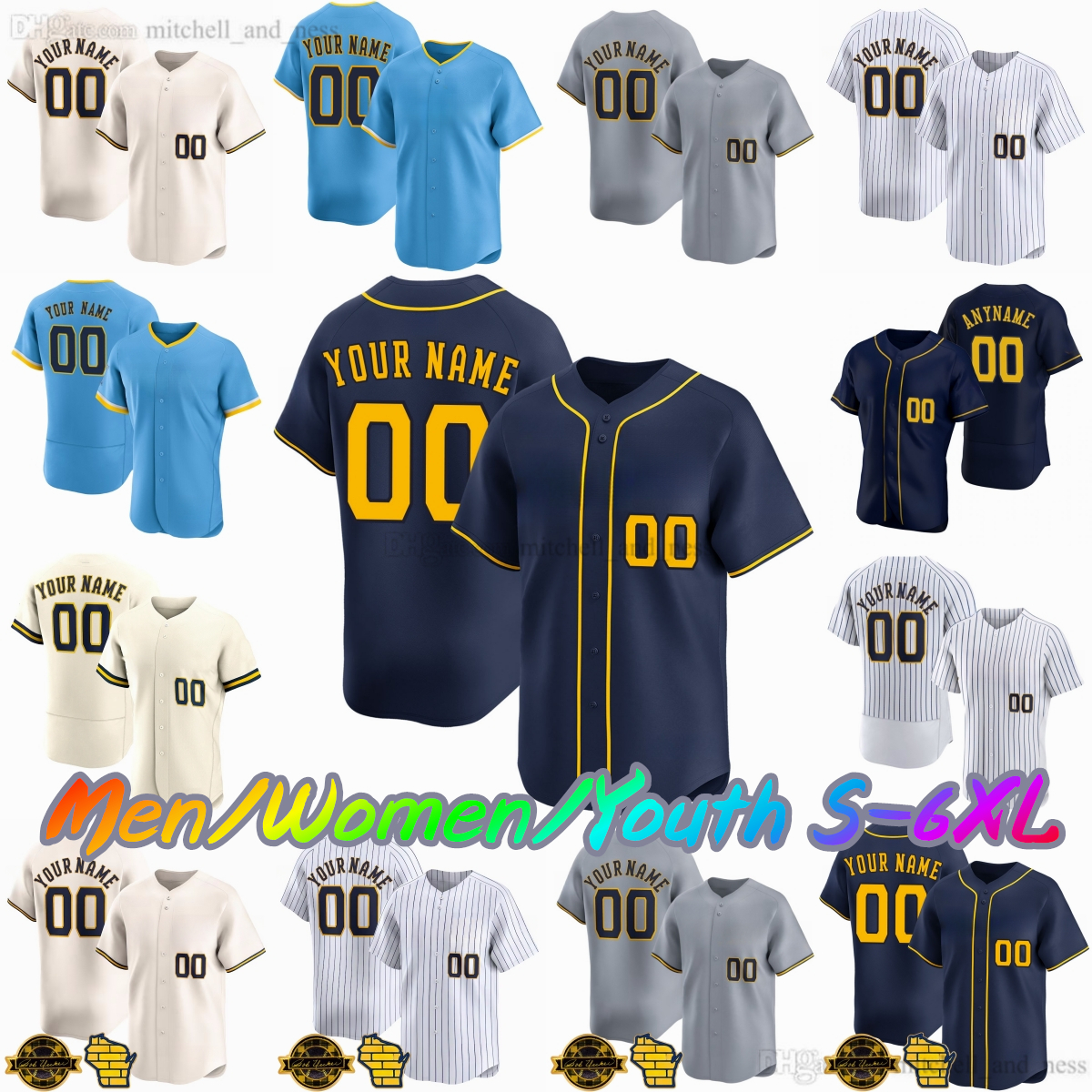 Custom XS-6XL Movie Baseball 22 Christian Yelich Jersey Stitch 12 Rhys Hoskins 24 William Contreras 11 Jackson Chourio 10 Sal Frelick 51 Freddy Peralta 3 Ortiz Jerseys