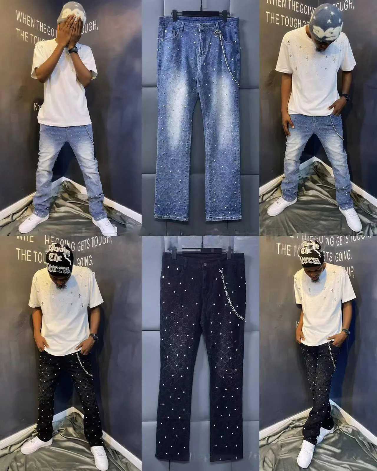 Blue Stretchy Pearls Skinny Jeans For Men 2024 New Fashion Rhinestone European Street Personality Stacked Denim Pants W250612