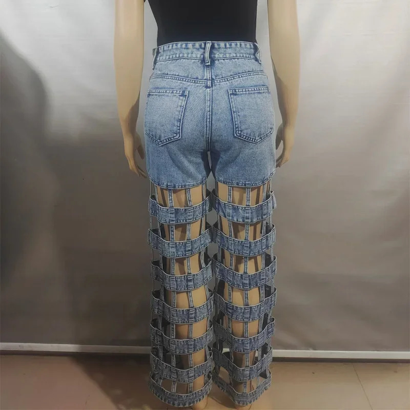 Sexy Cut Out Straight Leg Jeans Womens Club Party Streetwear Fashion Highwaisted Ladies Denim Trousers 250611