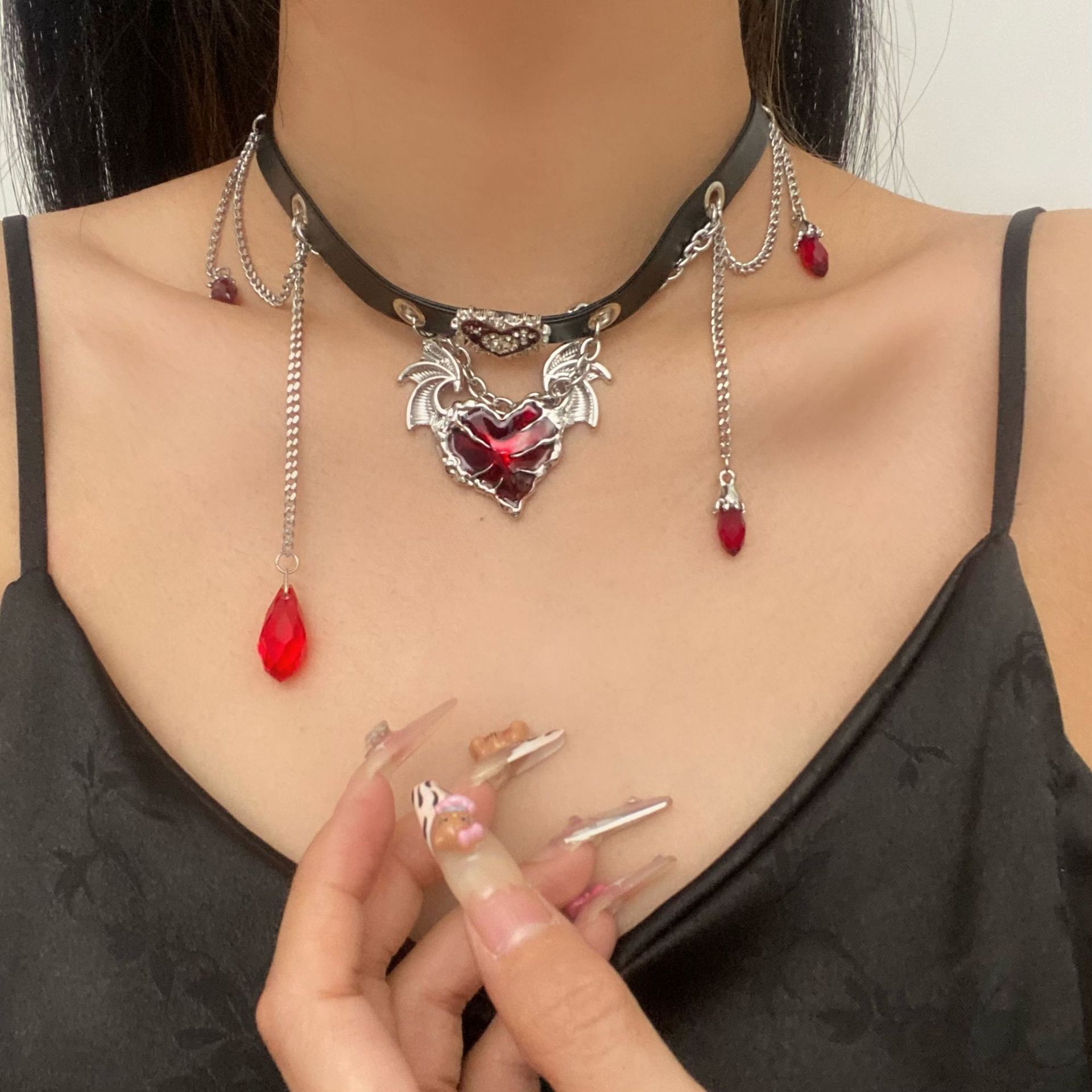 Chains Y2K 5PCS/LOT leather Hip-hop Rock Contrast Fluorescent Alien Pendant Long Sweater Chain Necklace