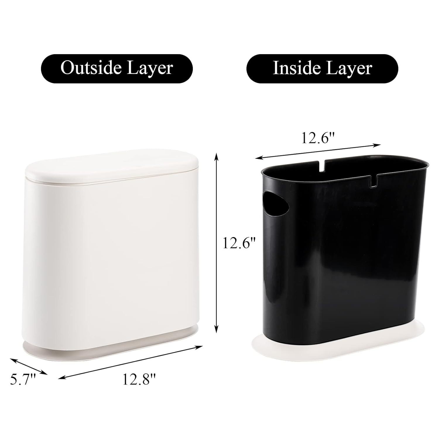 icedog 12 Liter (3.2 Gallon) Rectangular Trash Can with Press Top Lid - White Modern Waste Bin for Bathroom, Bedroom, Kitchen, Office - Slim Plastic G