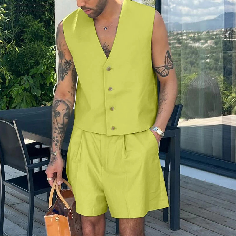 Summer Mens Solid Color Sets Casual V Neck Sleeveless Crop Vest Shorts 2 Piece Fashion Streetwear Suits 250612