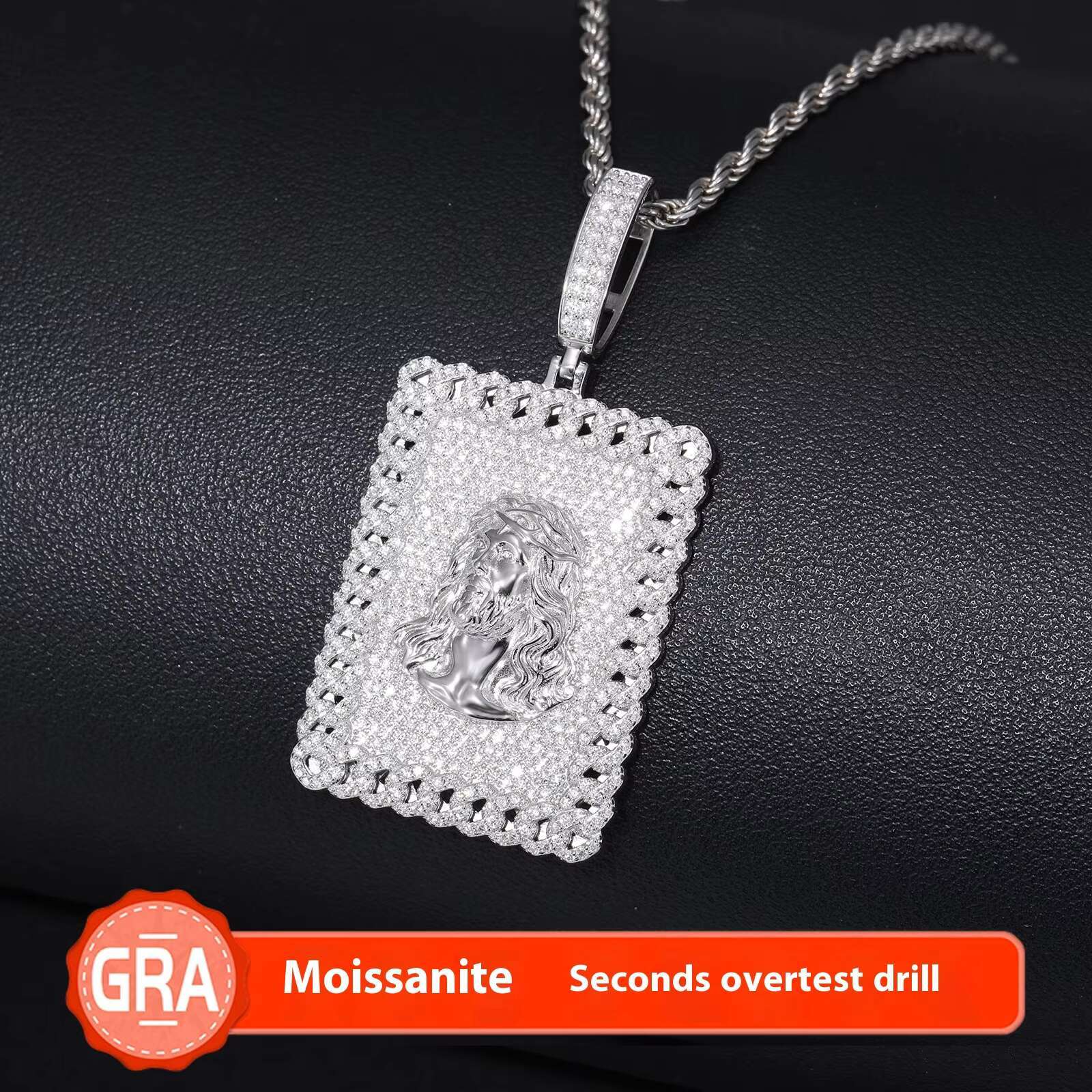 New S925 Silver Mosan Diamond HipHop Personality Jesus Necklace Rectangular Moissanite Pendant Trendy
