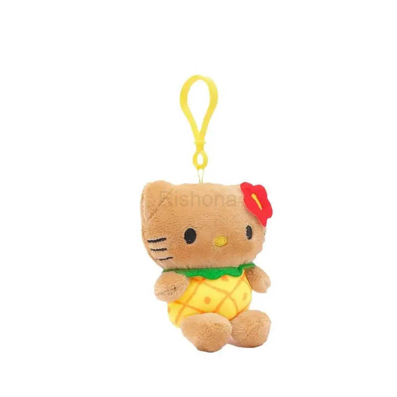 Sanrio Hawaii Anime Series KeyChain Hello Kitty Dark Skin Plush Stuffed Cartoon Plush Doll Bikini Pineapple Bag Pendant Cute Toy X250612