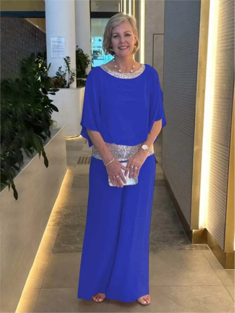 Fashion Sequin Splicing Chiffon Shirt Womens Bat Short Sleeved Suit Summer Wide Leg Pants Elegant Female Office 2 Piece Set250609