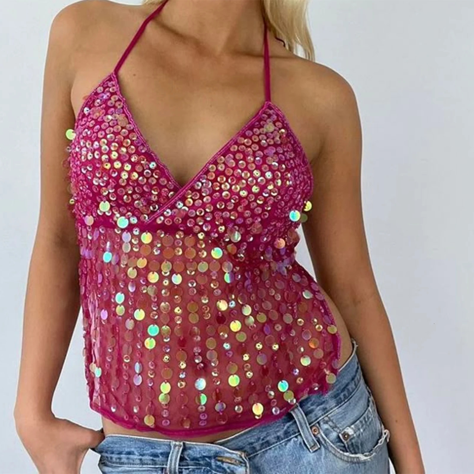 Sequin Halter Crop Tops for Women Y2k Vest Cami Tops Summer Sleeveless Open Back Slim Tie Up Glitter V Neck Camisole Tank Tops 250609
