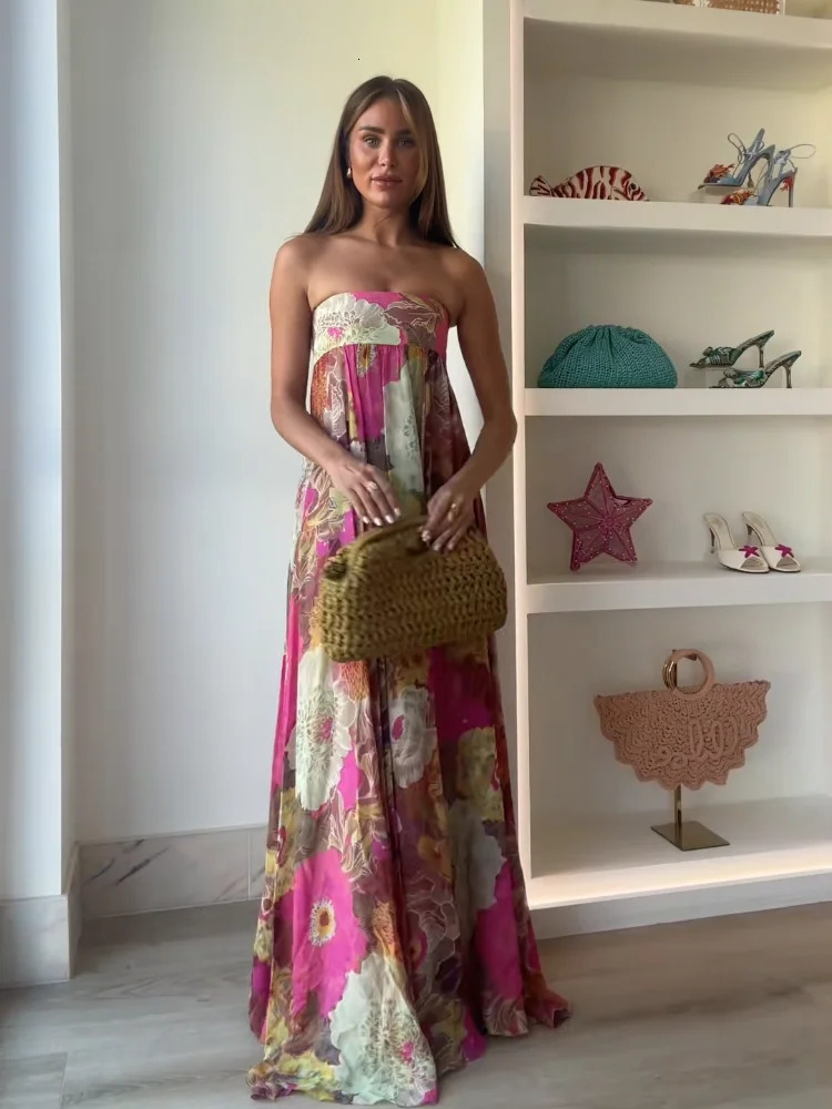 Retro Printed Strapless Long Dress Sexy Ladies Sleeveless Backless Pleated Dresses Summer Chic Female Party Street Robes 250611