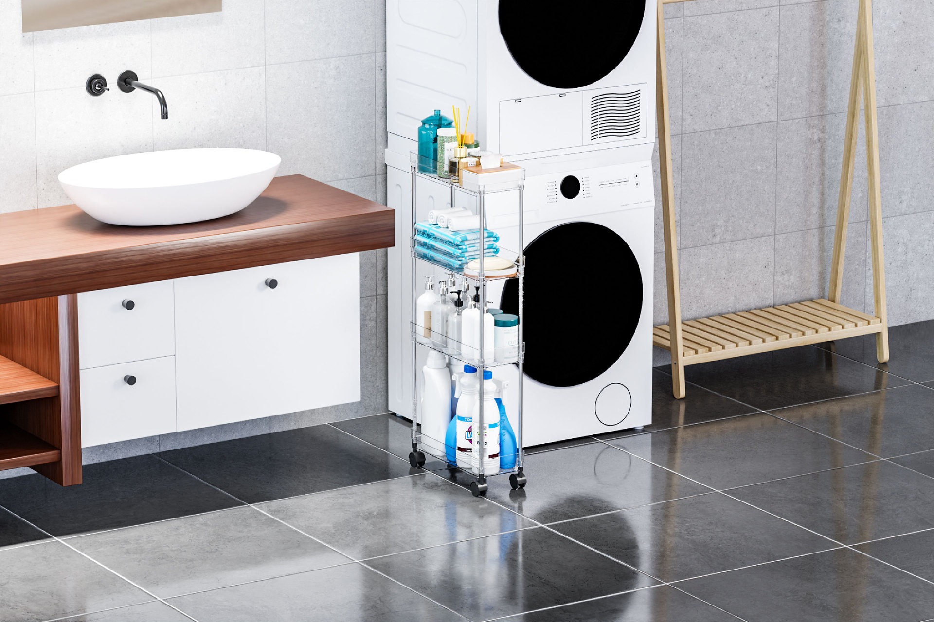 Rolling Storage Cart, Clear Utility Cart with Wheels - Movable Shelving Organizer for Bathroom, Laundry Room, Office, Living Room Storage