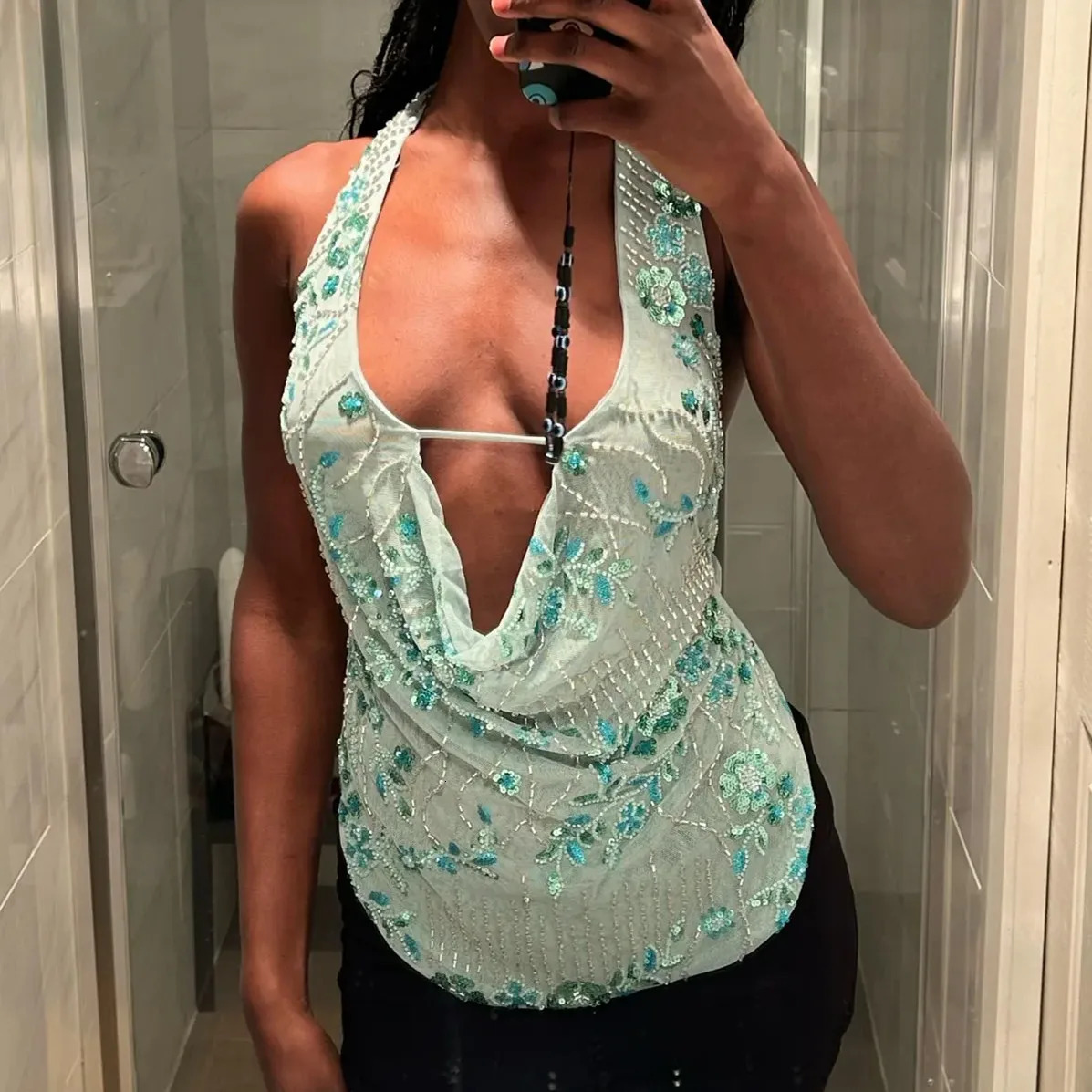 Sequin Halter Tops for Women Y2k Sparkly Sleeveless Backless Beaded Top Night Out Party Going Out Top Rave Summer Party Outfits 250611