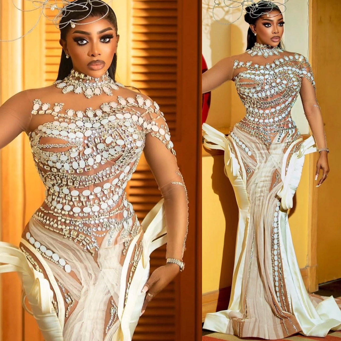 Mermaid Ivory Prom Dresses 2025 Crystals Beaded Illusion Stylish Evening Formal Party Second Birthday Engagement Gowns Plus Size Dress For Special Occ