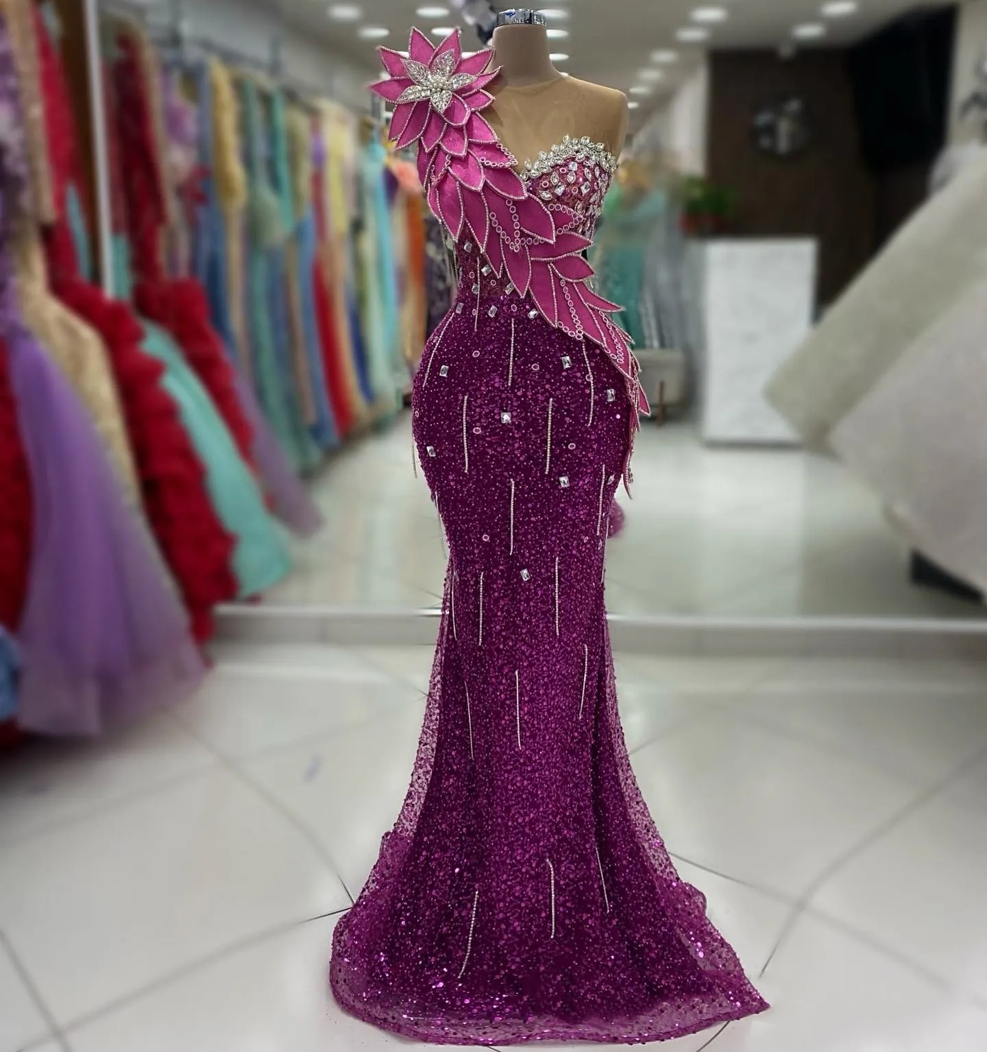 Purple Mermaid Prom Dresses 2025 Florals Crystals Sequined Sheer Neck Evening Formal Party Second Birthday Engagement Gowns Plus Size Dress For Specia
