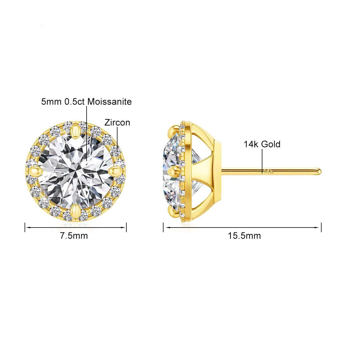 Fine Jewelry Woman Engagement Friendship Gift 0.5ct 1ct Moissanite Hollow 14K Gold Classic Halo Stud Earrings