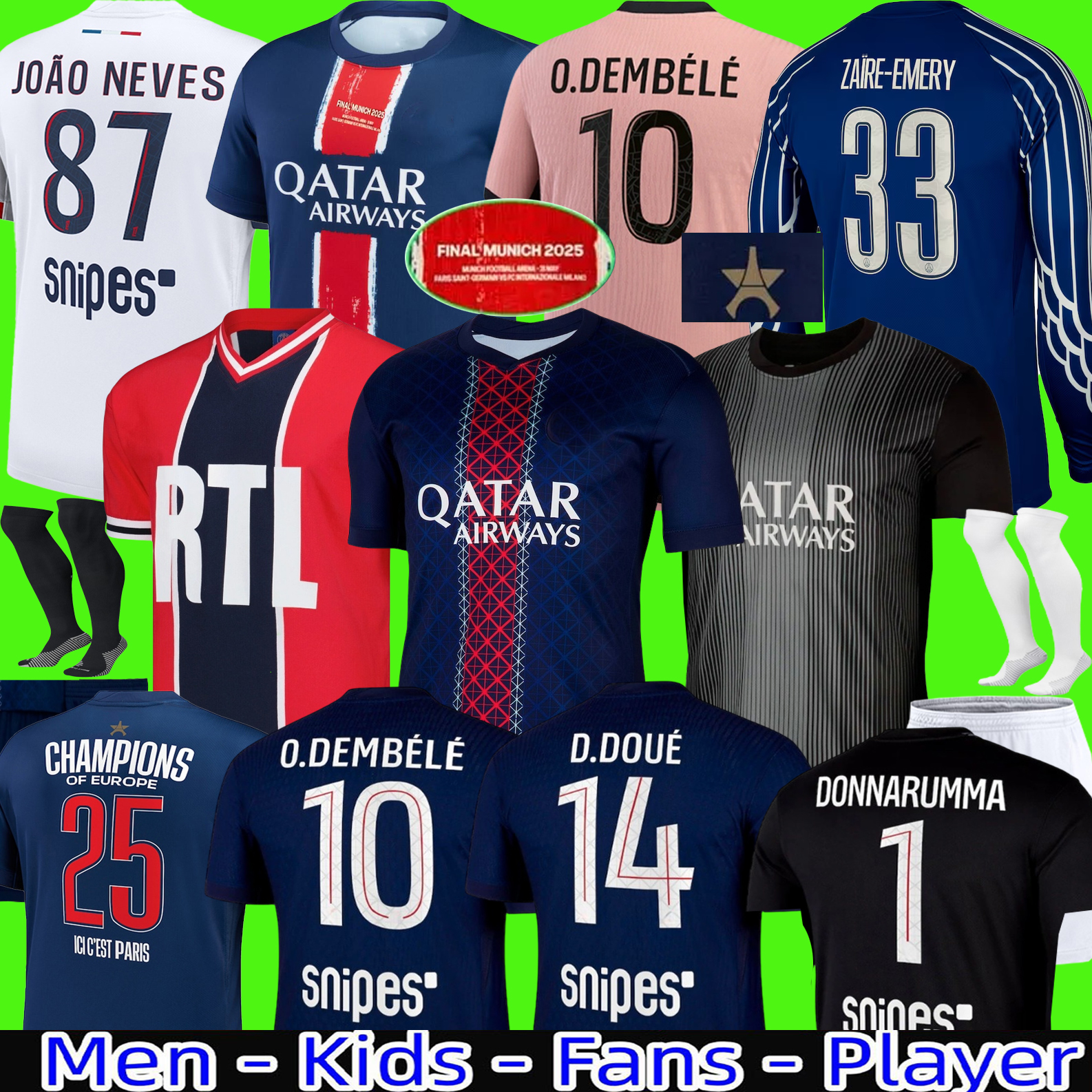 Maillot fourth Soccer Jerseys DEMBELE 24 25 26 enfants 2025 football shirts Equipment uniforms VITINHA BARCOLA NEVES KVARATSKHELIA doue Long sleeves Ramos Hakimi