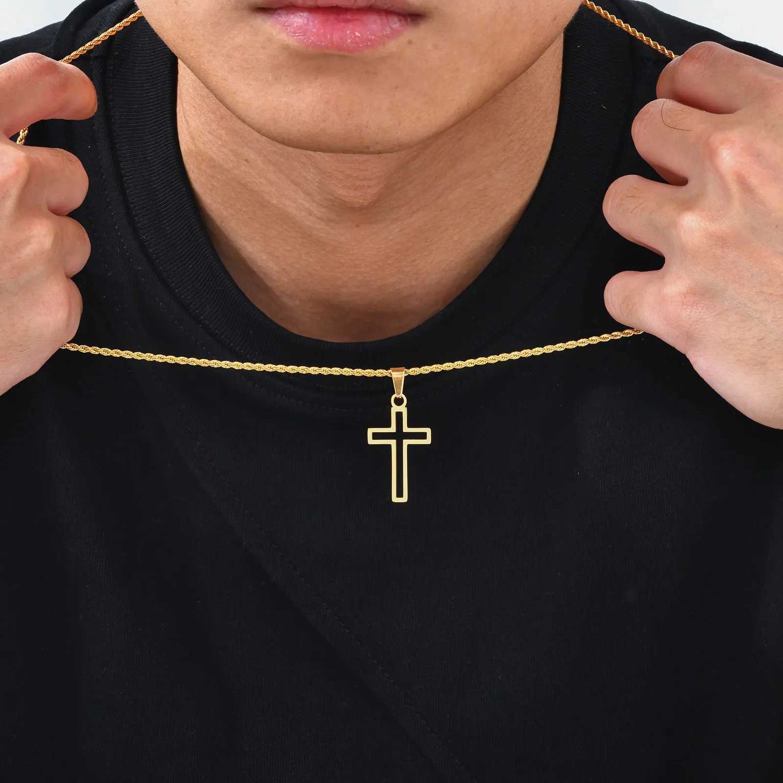 Casual Hollow Cross Necklaces for Men Boys Waterproof Stainless Steel Cross Pendant Necklace Religious Faith Prayer Jewelry Gift W250612