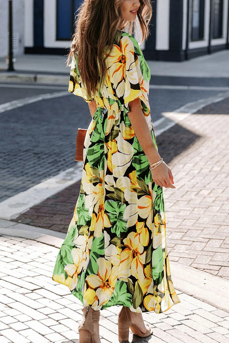 VEITCHE Summer Women Print Long Dress Sexy Vneck HighWaisted Split Bohemia Bat Sleeve Beach Vacation Party Dresses 250611