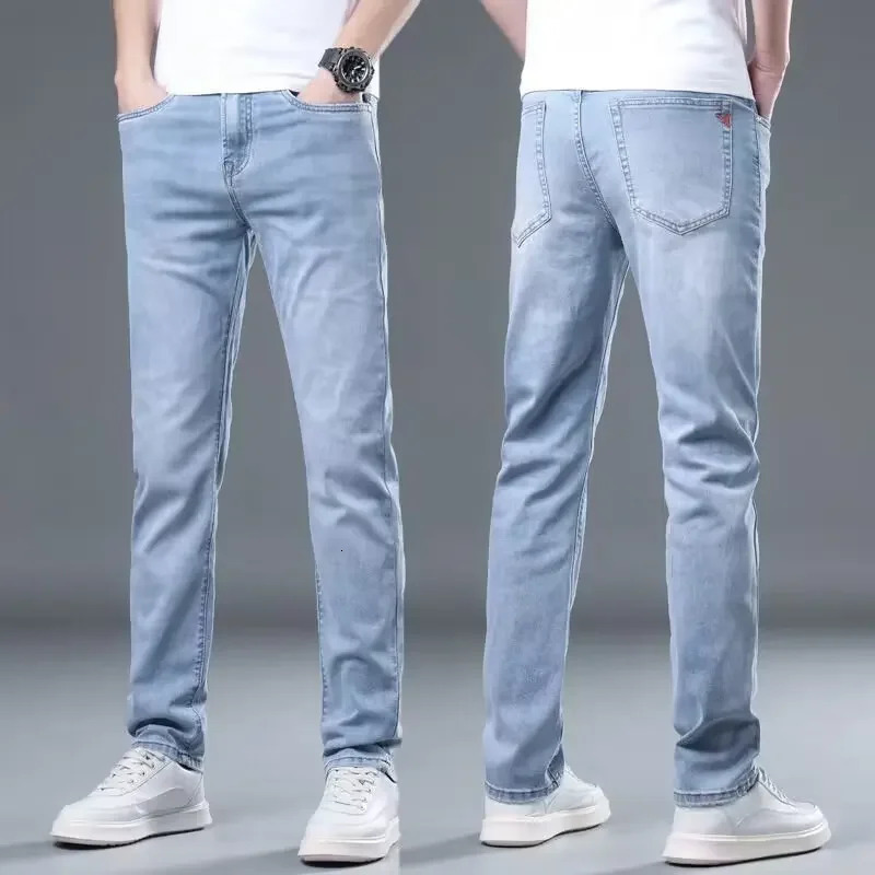 Mens Jeans Summer Thin Elastic LooseFit StraightLeg Pants 2024 Casual Ice Silk Trousers Chinese Mainland Origin 250611Z