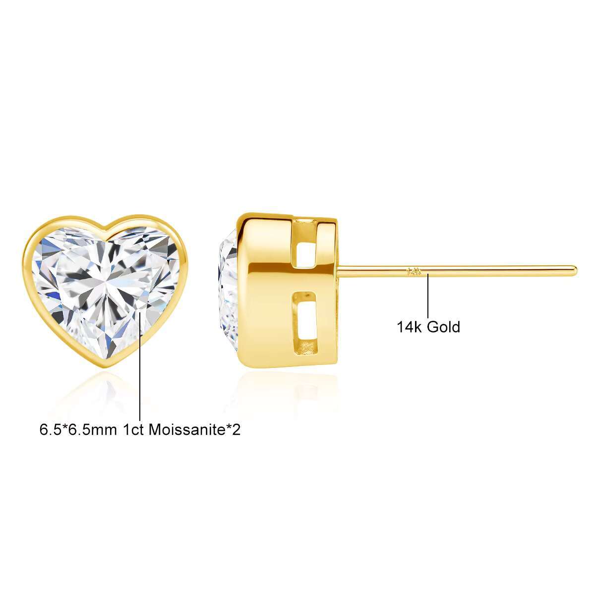 Wholesale Mini Gold Stud Heart Shaped Moissanite 1ct Valentines Day Gift Woman Real 14K Gold Hollow Lightweight Earrings