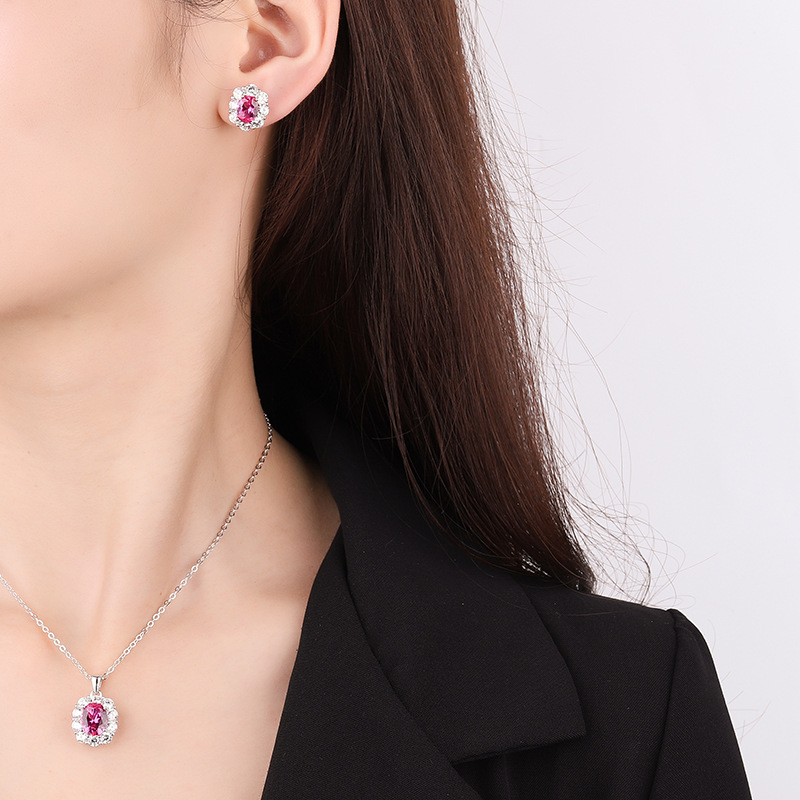 S925 Silver Faux Magenta Egg Fashion Pendant Earring Set, 810mm Pendant, 68mm Earrings, Perfect for Weddings and Special Occasions, Ideal for Women